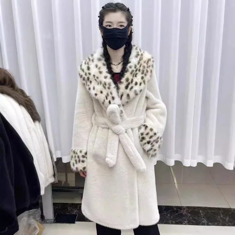 Luxury High-quality Fur Coat Belt Trench Coat Winter Women Warm Patchwork Lapel Faux Fur Jacket Long Outerwear Fluffy Jacket