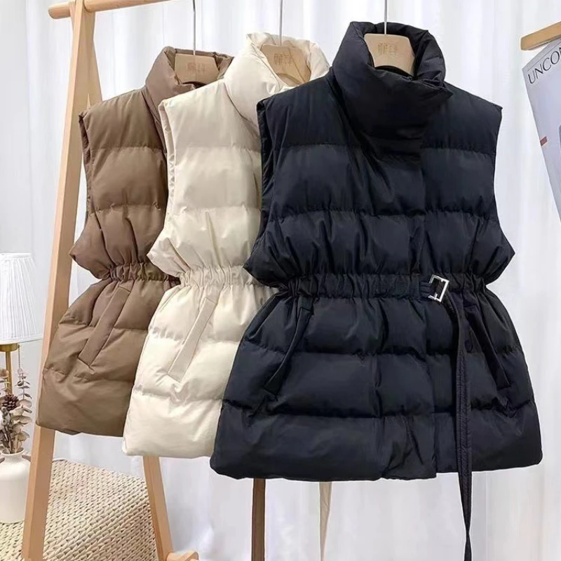 韓国風サッシュベルト付きノースリーブベストジャケット レディース キルティングパフベスト 綿入り冬用ウエストコート レディース スタンドカラー