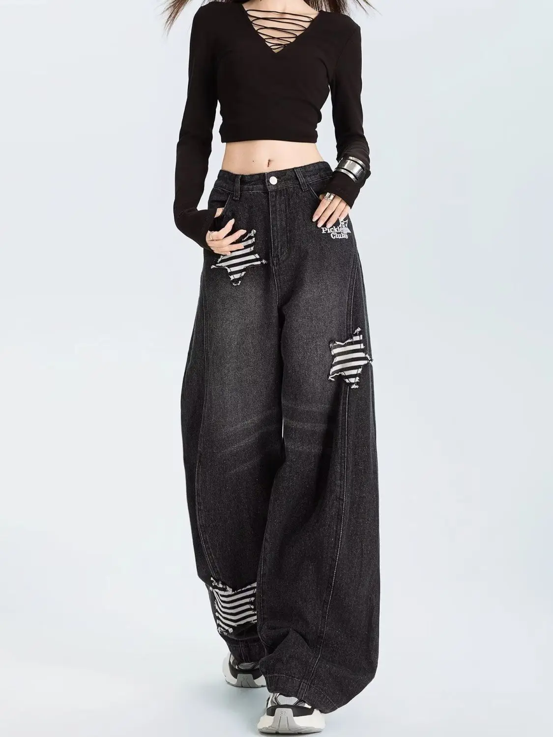 Women’s Retro Hip Hop Rabbit Ear Design Jeans Autumn High Waist Baggy Unisex Denim Pants Female Star High Waist Loose Trouser