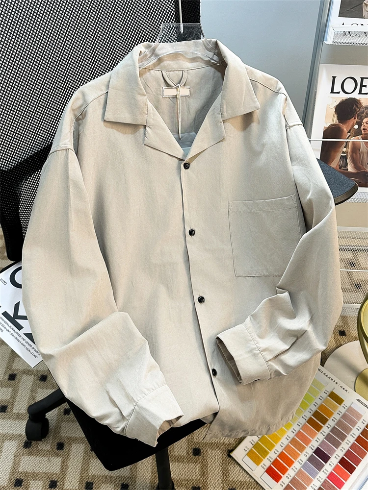 Retro Cuban Collar Long Sleeve Thin Shirt Napolitan American Style Men's Spring Shirt Velvet Male Couple Loose Fit Iron Free