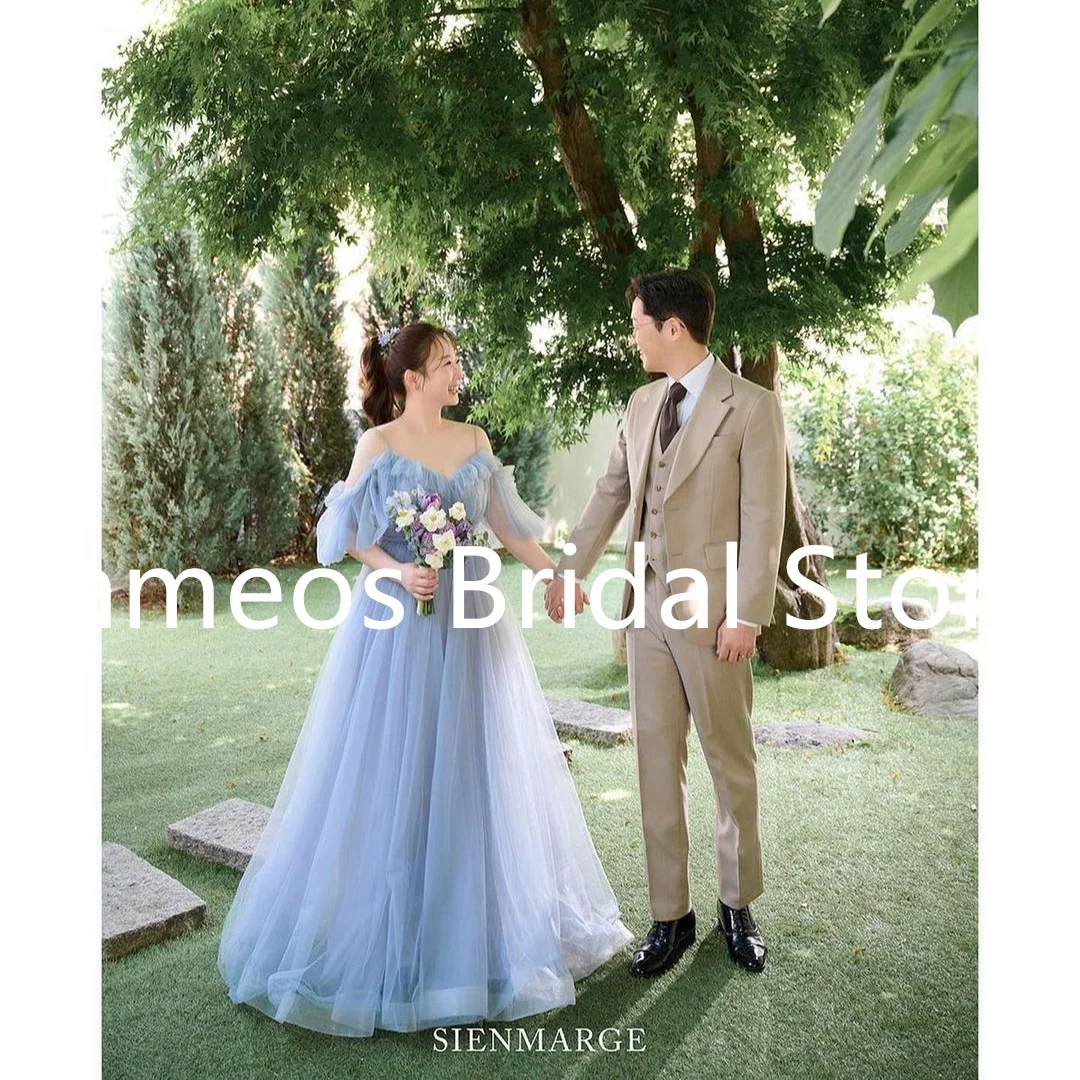 

SONDR Sky Blue Wedding Korea Evening Dress Custom Made Formal Prom Dress Spaghetti Straps Tulle Elegant Evening Gown Bridal