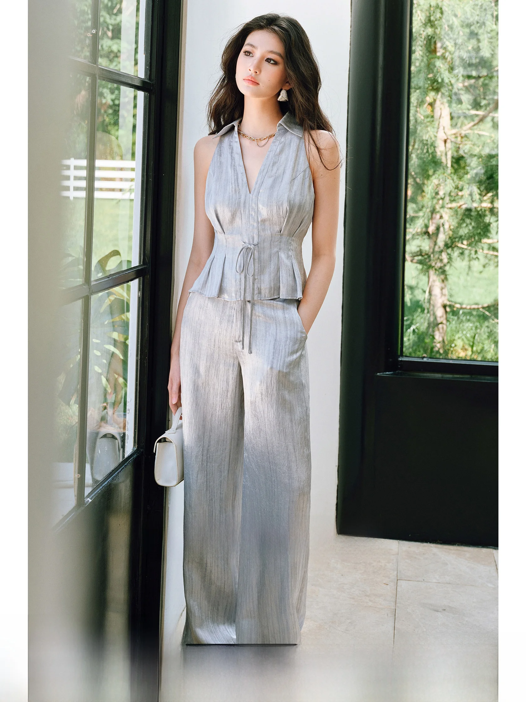 WANGXO Embossed Satin Drawstring Wide Leg Pants V-Neck Sleeveless Top And Bottom Set Elegant Summer Fashion Women's Ensemble