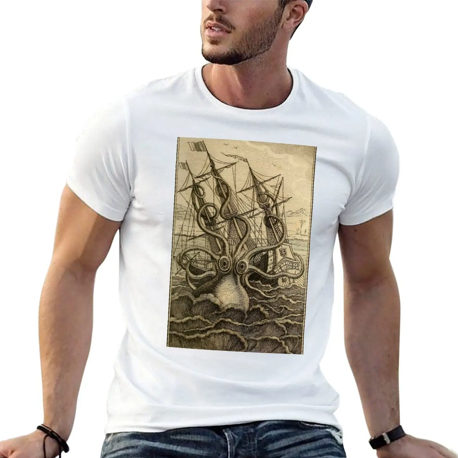 

on Kraken t T-Shirt illustration t for ship parchment shirts man Vintage shirts for cotton anime man attacking