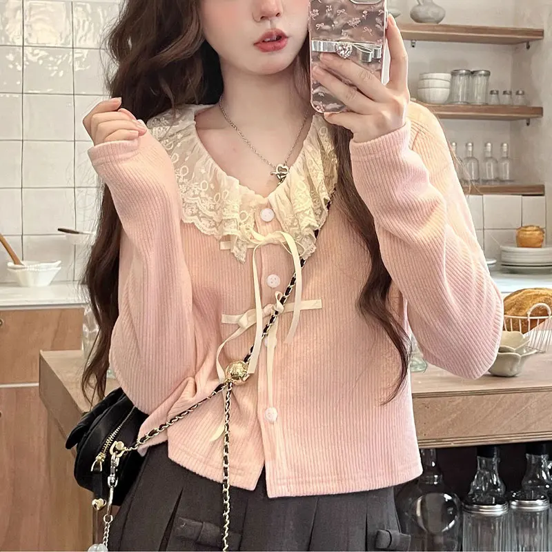 Sweet Bow Lace Spliced Knitted Blouse Female Clothing Ruffled Neck Spring Autumn Long Sleeve Fashion Basic Single-breasted Shirt