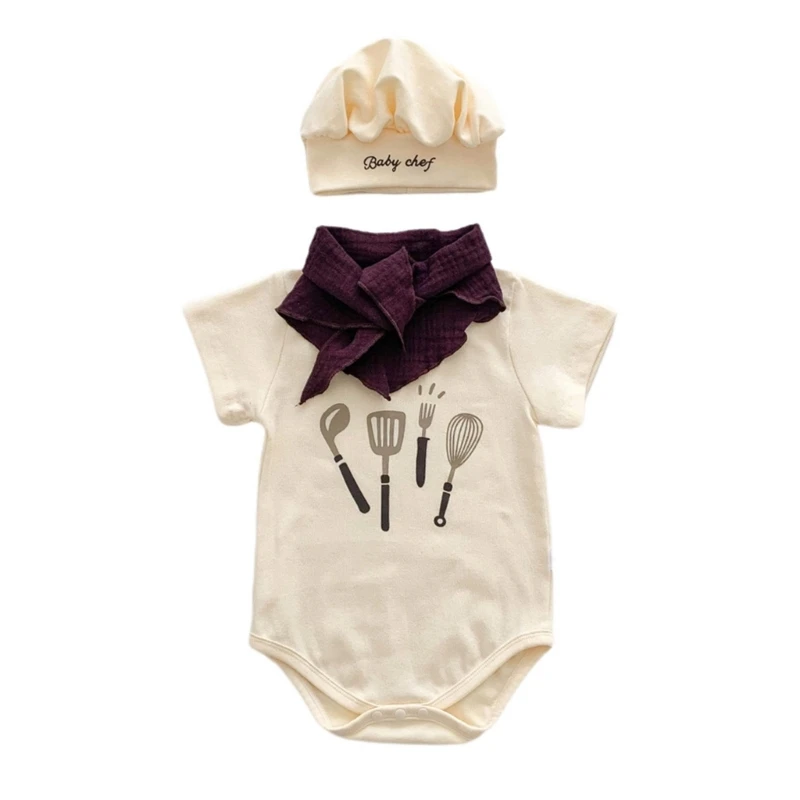 

J15U Baby Photography Chefs Uniform 3pcs Cotton Romper With Hat and Short Sleeve Romper Adjustable Buttons For Dressing