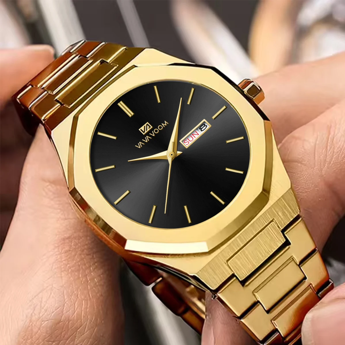 ساعة VA VA VOOM الفاخرة للرجال من الفولاذ المقاوم للصدأ، نمط عمل عصري، حركة تقويم مزدوج، حزام ذهبي أزرق، ساعات كاجوال للرجال