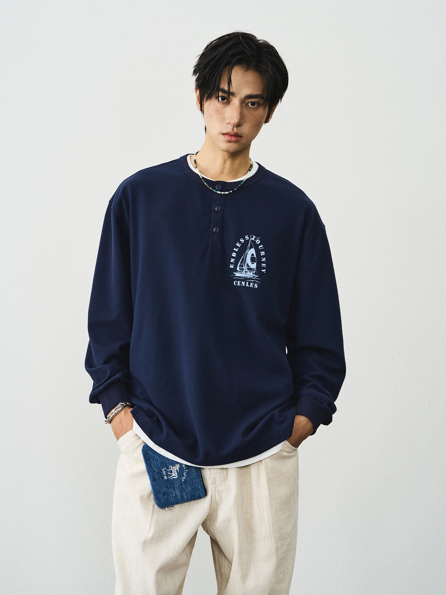 CENLES Men's Loose Fit Long Sleeve T-Shirt Henry Collar Pattern Casual Vintage Tee Breathable Comfortable Cotton Polyester Blend