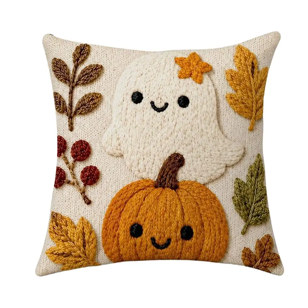 1Pcs 2D Pumpkin Throw Pillow Cover 45 X 45 Cm Fall Maple Leaf Ghost Cushion Case Soft Plush Zipper For Sofa