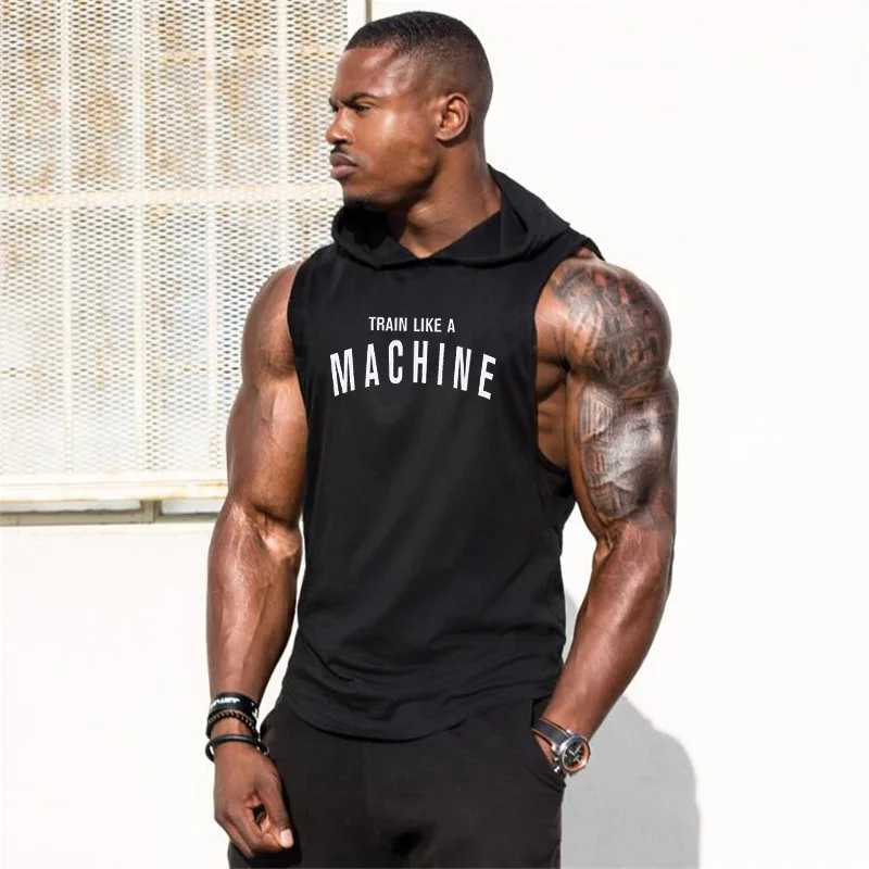 Gym Training Fitness Muscle Hooded Vests Summer Casual Cotton Breathable Loose Tank Tops Mens Bodybuilding Sleeveless Hoodie