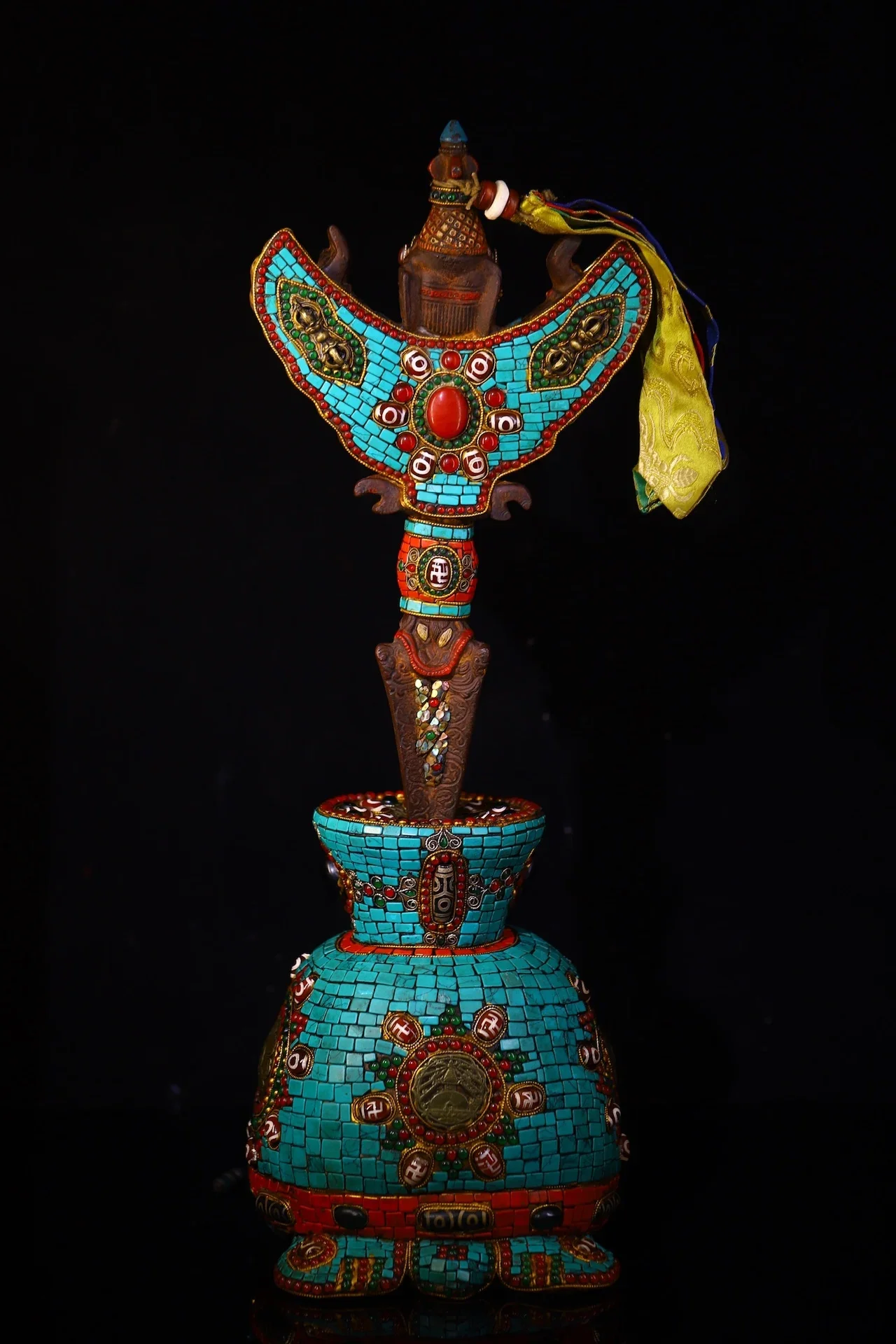 

21"Tibetan Temple Collection Old Meteorite Mosaic Gem gZi Beads Turquoise GARUDA Buddha Vajra Phurpa Turtle Base Worship Hall