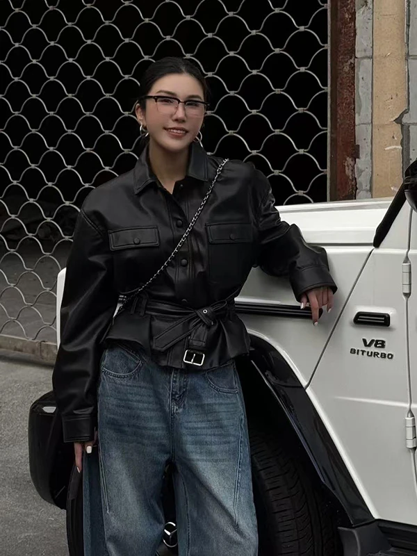 

Ele Bla Leather Jaet Women's Faionable Spring 2025 New Retro Design Sense ular Coat Top Button Decor Commute S...