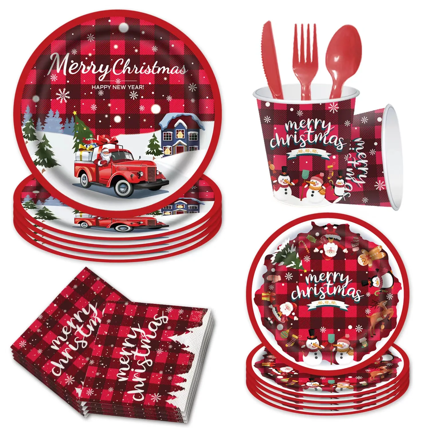 Christmas Party Supplies Disposable Christmas Cutlery Set Merry Christmas Plaid Tablecloth Bnner For Christmas Party Decoration