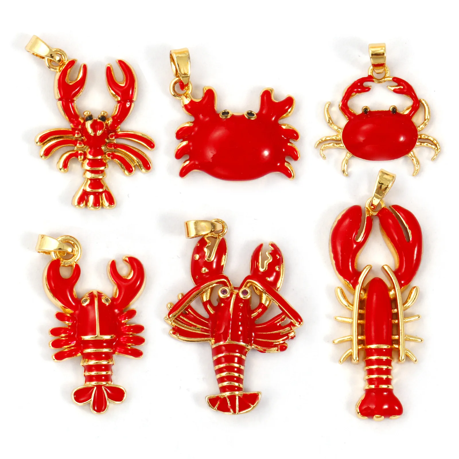 2 Pcs Brass Ocean Jewelry Charms Red Enamel Crab Lobster 18K Gold Plated Pendant For DIY Necklace Jewelry Making Findings