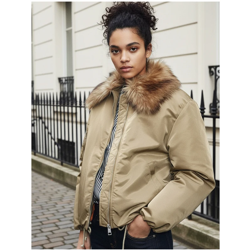 سترة قصيرة برباط وياقة من الفرو سترة غير رسمية متينة وأكمام طويلة وسحاب فضفاض للنساء سترات دافئة 2025 ملابس خارجية للتنقل في الشتاء #6