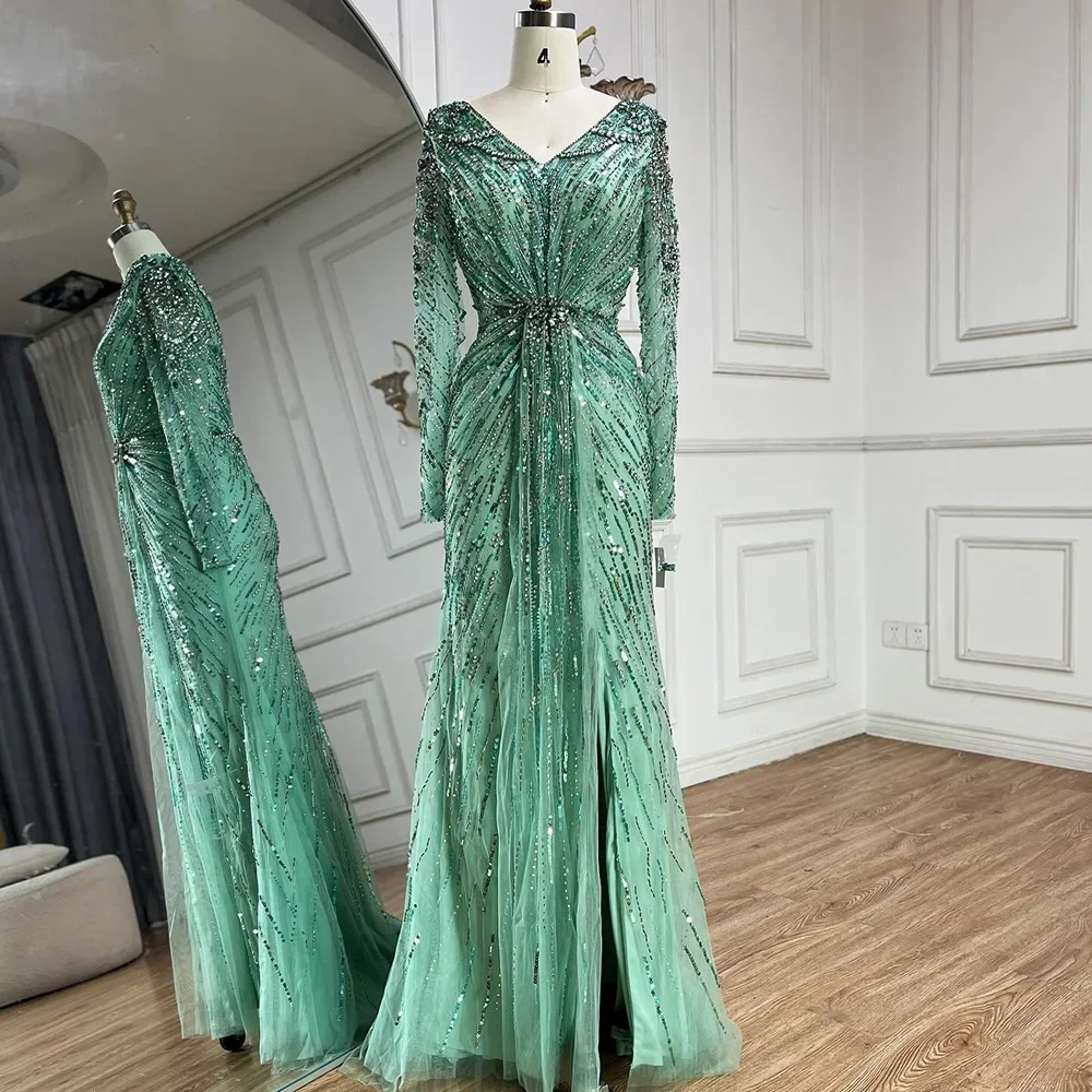 Serene Hill  2025 Arabic Turquoise Elegant Mermaid Beaded Open Split Evening Dresses Gowns Wedding Party GLA72007 Customized