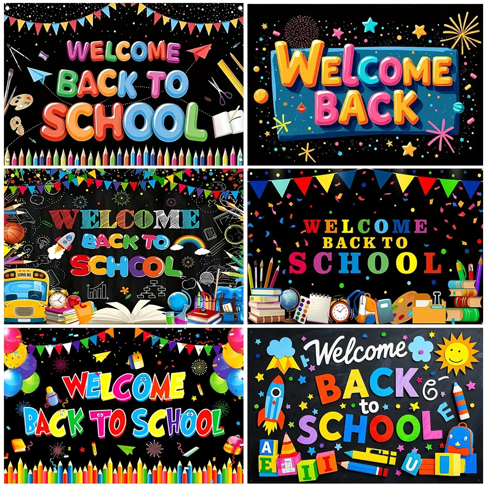 

Welcome Back To School Backdrop Blackboard Pencil Bunting Colorful Word Photography Background Classroom Supplies Party Decor