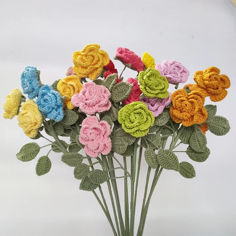 1pc New Handmade rambler Flowers Artificial Bouquet Cotton Yarn Crochet Fake Flowers for Wedding Home Table Decor New Year Gifts