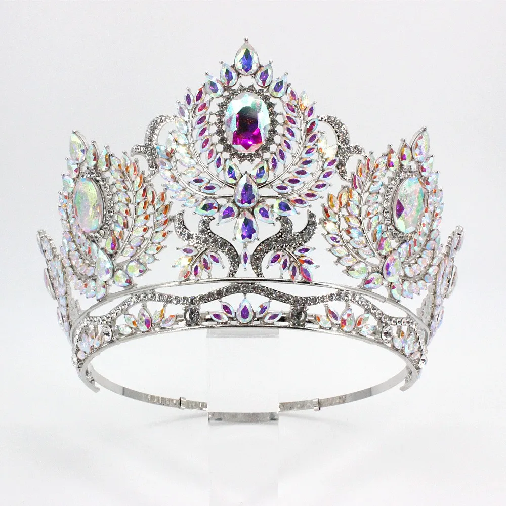 

AB Crystal Round Wedding Tiaras Crystal Sliver Queen Big Crown Women Miss Universe Beauty Pageant Diadem Bridal Hair Accessories