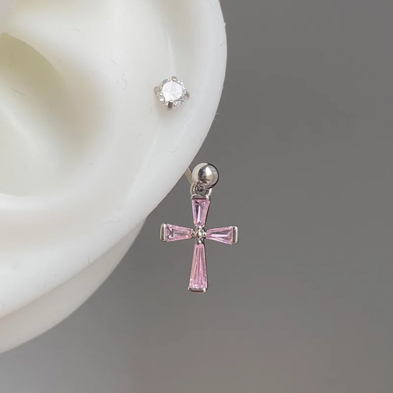 1PCS Pink Cross 316L Stainless Steel Annular Ear Bone Nail Zircon U-shaped Earrings for Women Y2K Punk Jewelry Gift