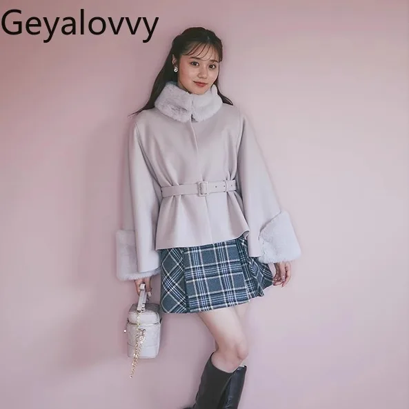 Japanese Style Autumn Winter New Fur Collar Patchwork Solid Color Short Cape Coat Elegant Shawl Style Cloak Coat with Belt