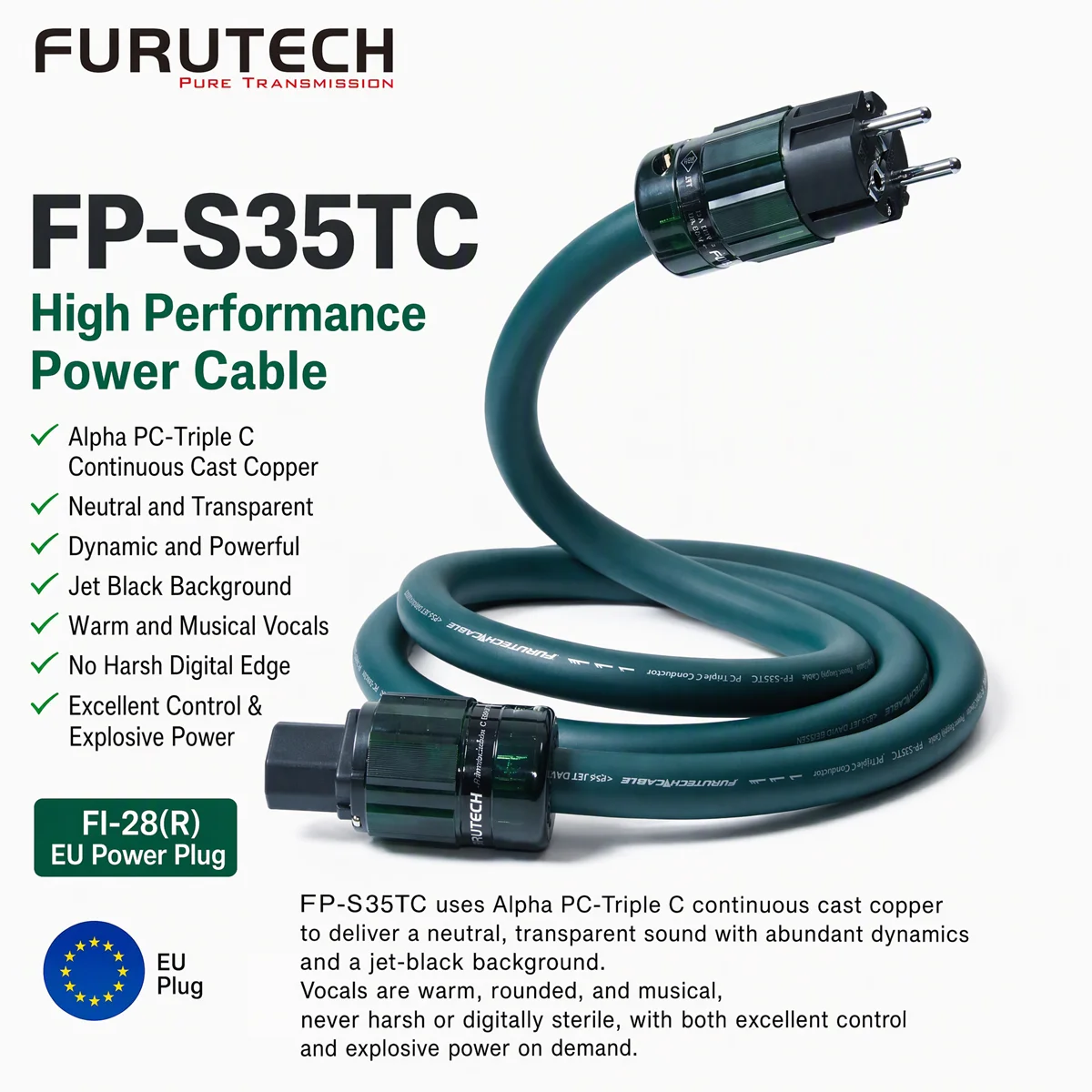 FURUTECH FP-S35TC PC-TripleC HiFi Power Cable, Assembled with FI-28 Connector, EU Schuko / US AC Plug for CD Player DAC Amplifie