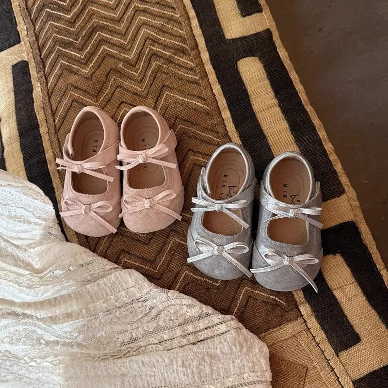 Toddler Princess Flat Shoes with Simple Bows Baby Walking Shoes Round Toes 2026 Brand New Kids Casual Shoes Soft Bottom