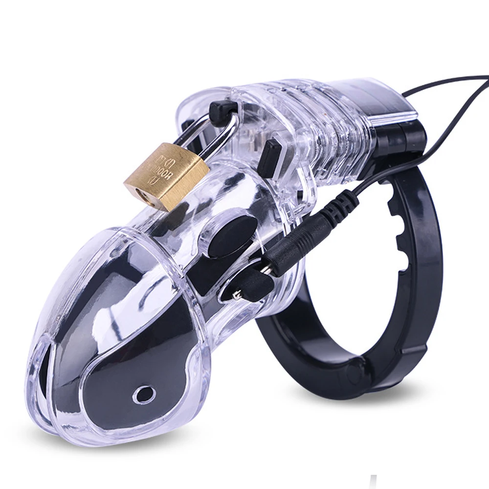 Electric shock Chastity cage Penis Cage Cock Cage Plastic Male Chastity Device Host vibrating cock ring with Elastic Strap