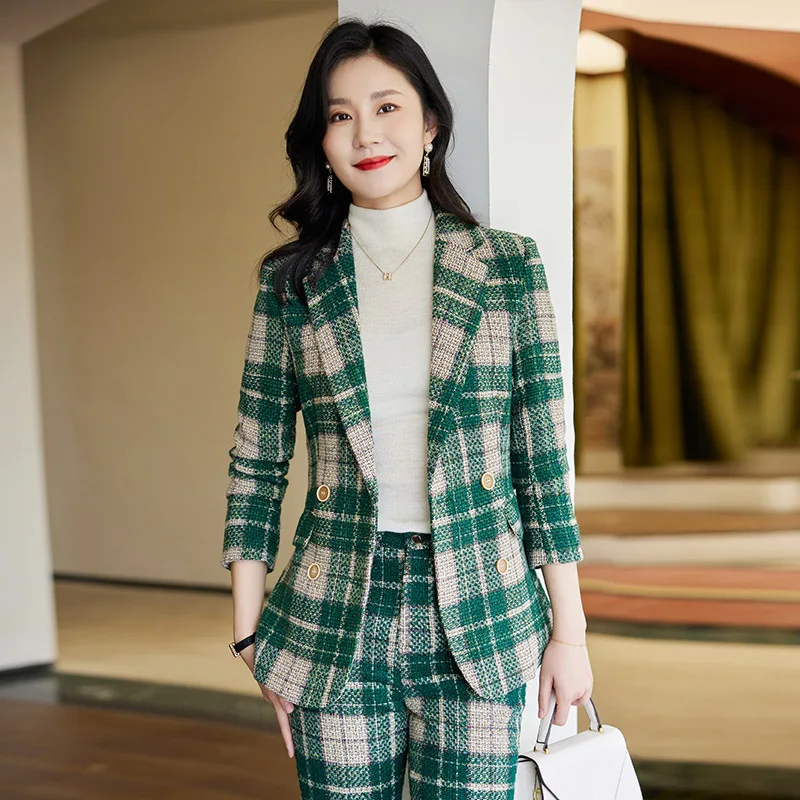 2024Autumn and Winter New Brown Plaid Long-Sleeved Small Suit Collar Jacket Women's Pants Two-Piece Suit Commuter