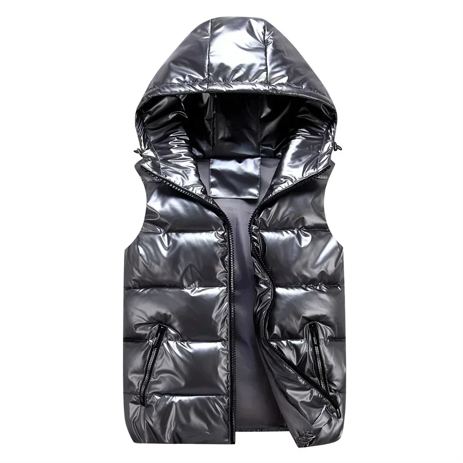 2025 nieuwe heren winter gewatteerde casual vest met capuchon glanzende mouwloze jas gewatteerde comfortabele warme jas waterdicht vest herenkleding