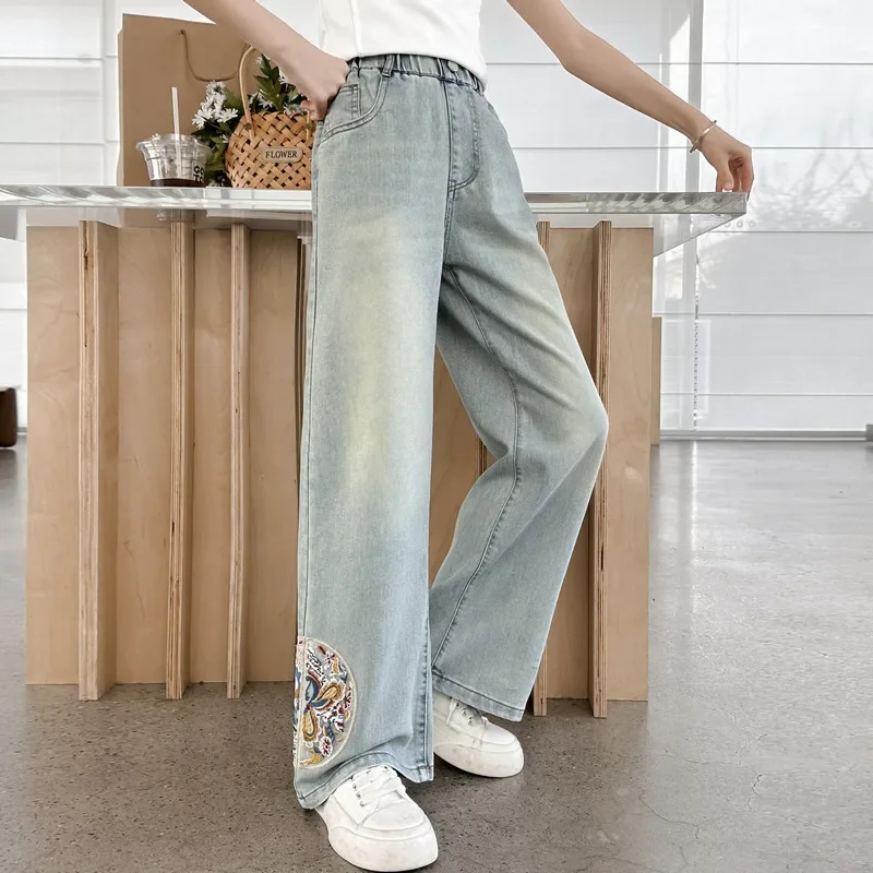 Baby Girl Pants Girls Jeans Loose 2024 Thin Pants Light Spring Wash Soft Children Micro Elastic Summer Denim Straight Bottom