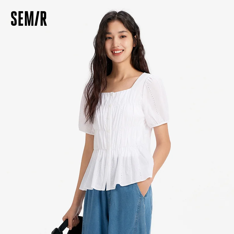 

Semir Short Sleeve Shirt Women Square Neck Puff Sleeve 2025 New Summer Style Slim Fit Pure Cotton Embroidered Shirt