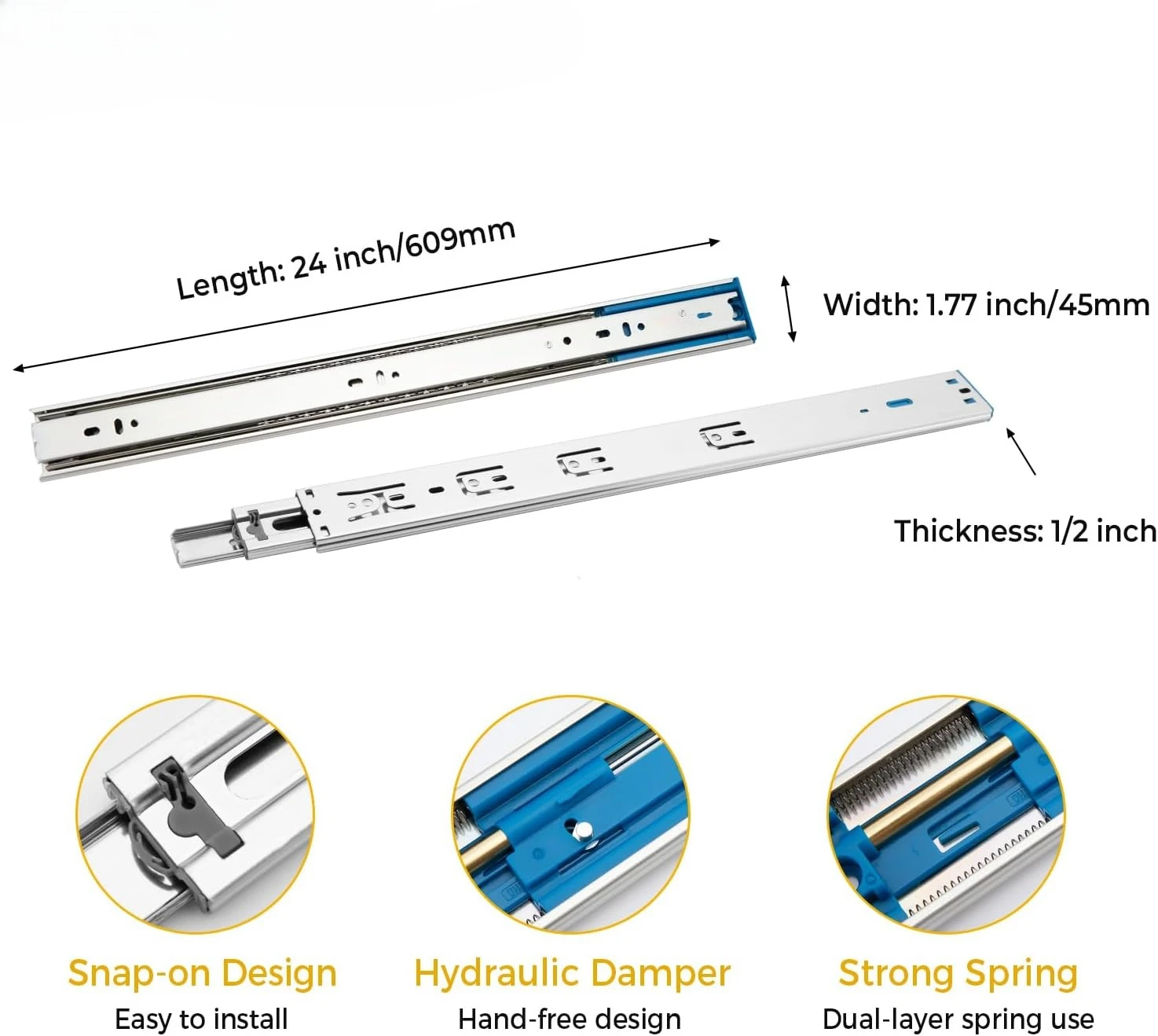 24 Inch Side Mount Soft Close Drawer Slides Full Extension Ball Bearing Rails 100LB Heavy Duty Capacity Cabinet Glides for Kitchen Furniture, 10 Pairs