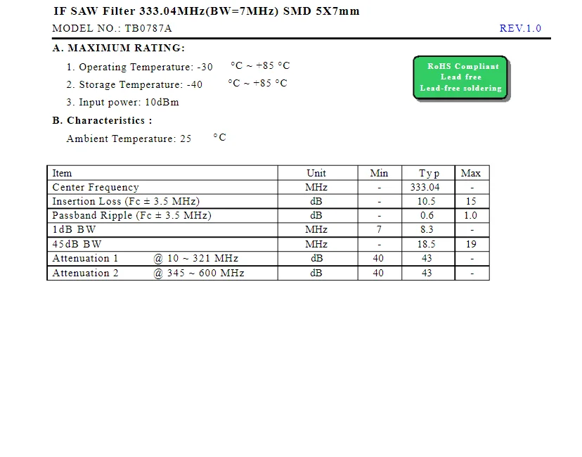 Tb0787a 333.04MHz(BW = 7MHz) new original filter (1 PCs)