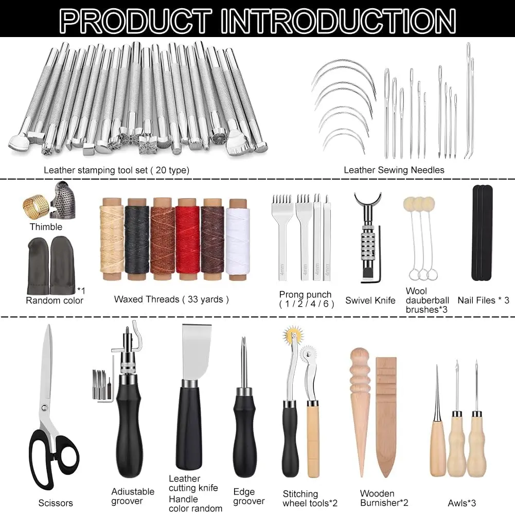 Professional Leather Craft Tool Kit with 72PCS Tools for Carving, Stamping, Sewing & DIY Projects