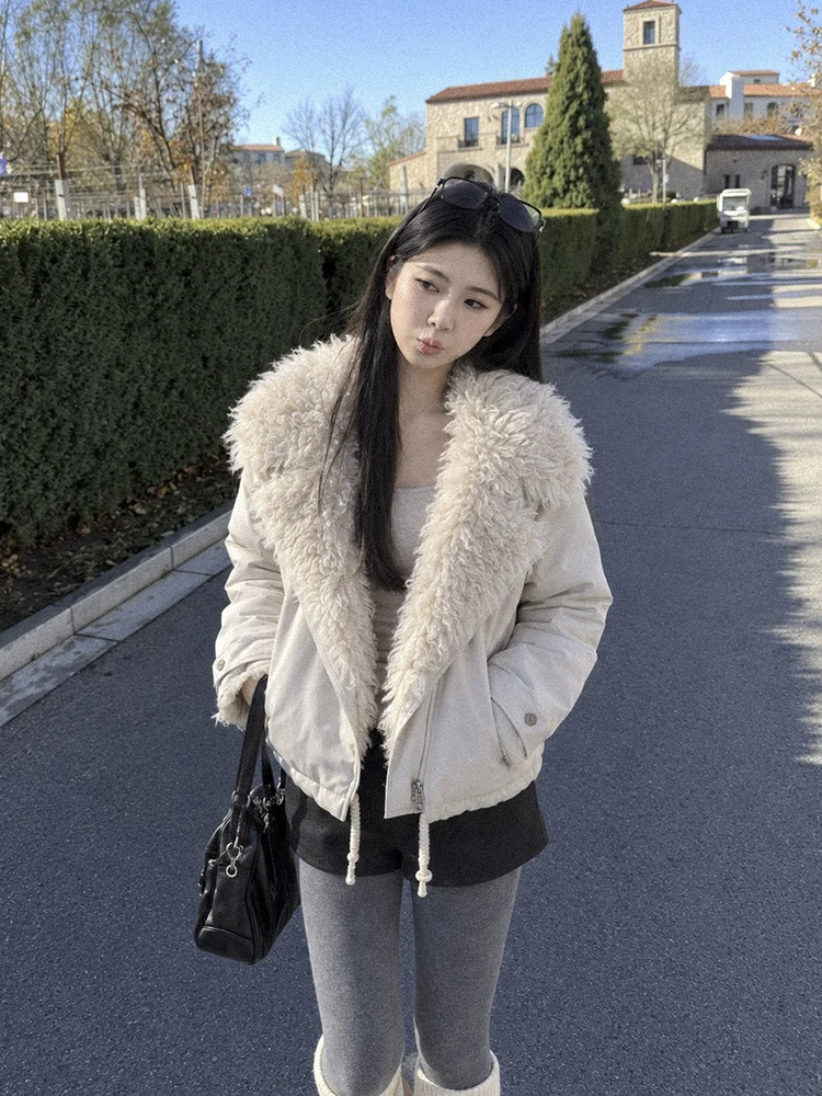 Winter Warm Diagonal Double Zipper Parker Jacket Female Short Lamb Wool Collar Down Jacket Women White Duck Down Thick Outwears