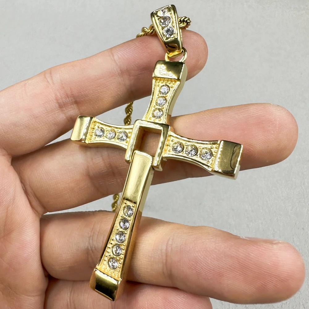 HIP hop Men/Women Cross Pendant Necklace with rhinestone Gold Color 316L Stainless Steel Necklace Popular Jewelry