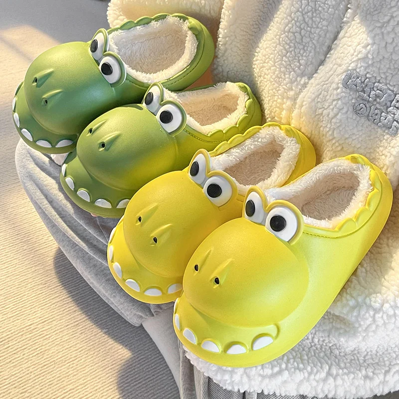 Wrap Heel Dinosaur Cotton Home Slippers Women 2022 Winter Warm Thick Sole Indoor Household Plush Slipper Man Funny Animal Shoes