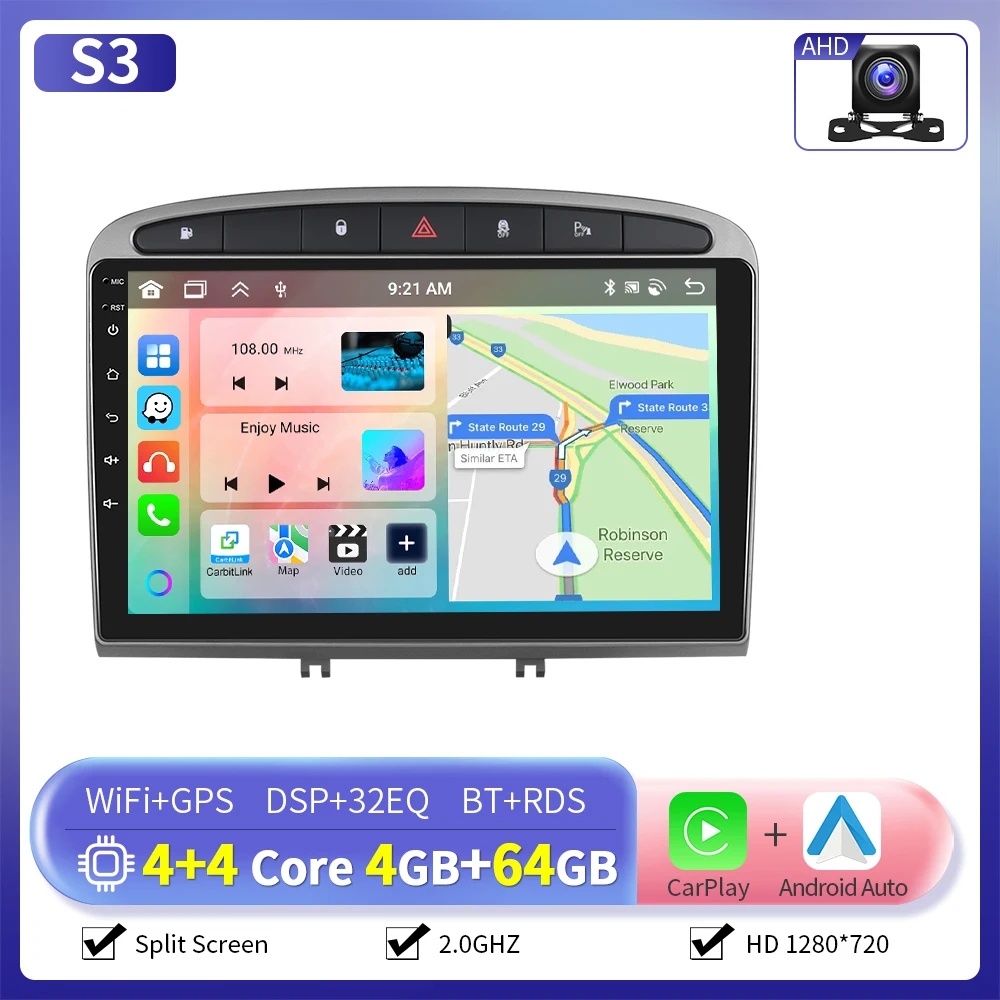 Camecho Draadloze Carplay Android Auto Radio voor Peugeot 308 408 2007-2015 Auto Intelligent Systeem 6 + 128G 4G WIFI GPS Auto Stereo