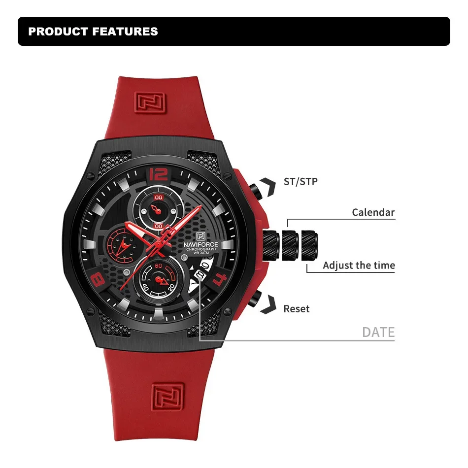 NAVIFORCE NF8051T Men Watches Silicone Band Military Waterproof Sport Leisure Calendar Chronograph Quartz Wristwatch