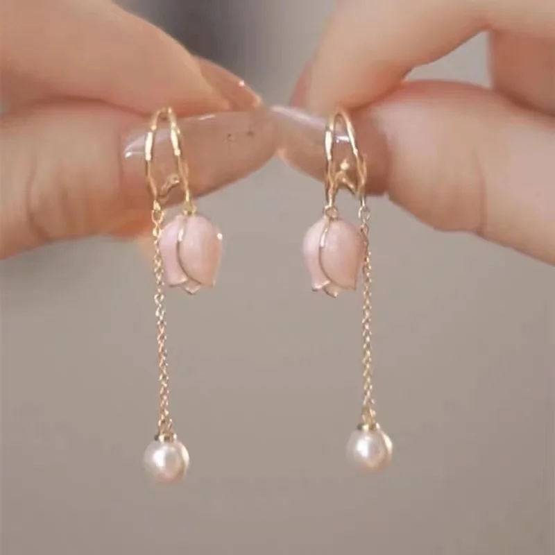 2023 New Korean Elegant Irregular Pink Tulip Long Tassel Earrings For Women Fashion Imitation Pearl Jewelry Gifts