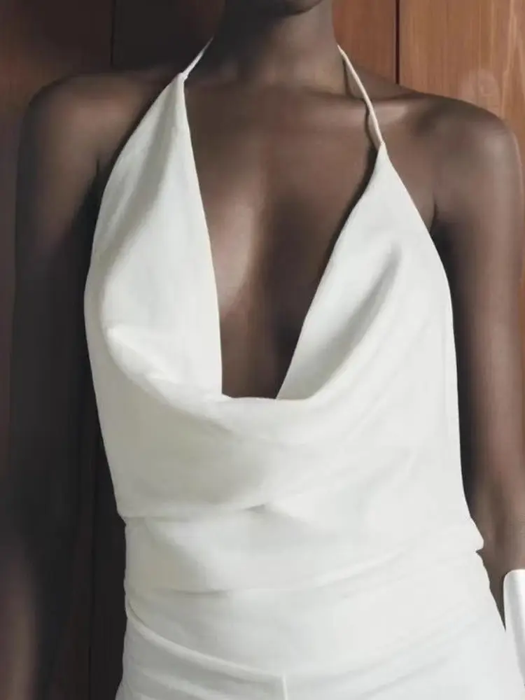 

Сексуальные белые льняные цельные брюки с нерегулярными бретелями и свободным воротником, уличный дизайн с высокой талией, длинные ноги, летние модные женские...