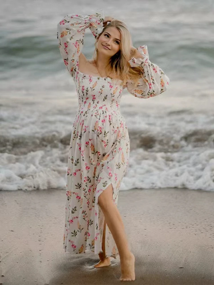 

Платье для беременных для детского душа, платье макси с цветочным принтом и длинными рукавами для фотосессии, наряд для беременных, пляжная фотография, удобная одежда