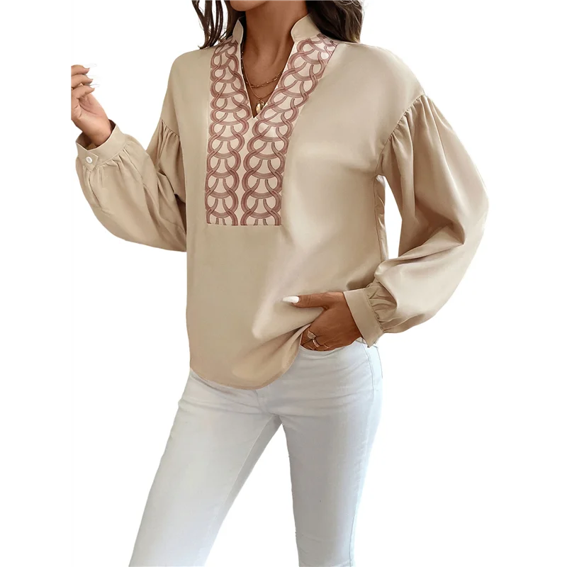 

НОВИНКА-женская плиссированная офисная рубашка с v-образным вырезом и длинными рукавами, элегантная рубашка в стиле ретро с открытым передом и круглым узором с воротником-стойкой