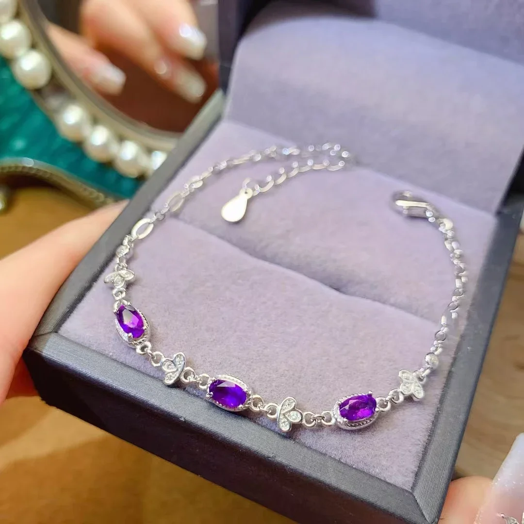 Solid 925 Silver Natural Amethyst Bracelet for Daily Wear 3mm*5mm Amethyst Bracelet 18K Gold Plated Crystal Jewelry