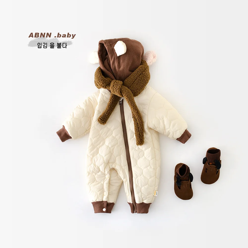 Autumn Winter Korean Baby Boy Rompers Cotton Quilted Hooded Bear Ears Zipper Thickened Infant Boys Bodysuit Newborn Boy Jumpsuit