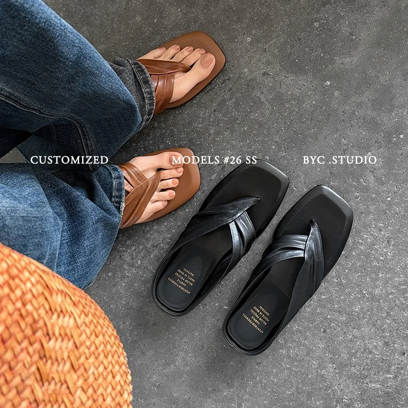 2026new summer women sandals natural leather 22-25.5cm cowhide+sheepskin split toe mules pleated low heel women slippers fashion