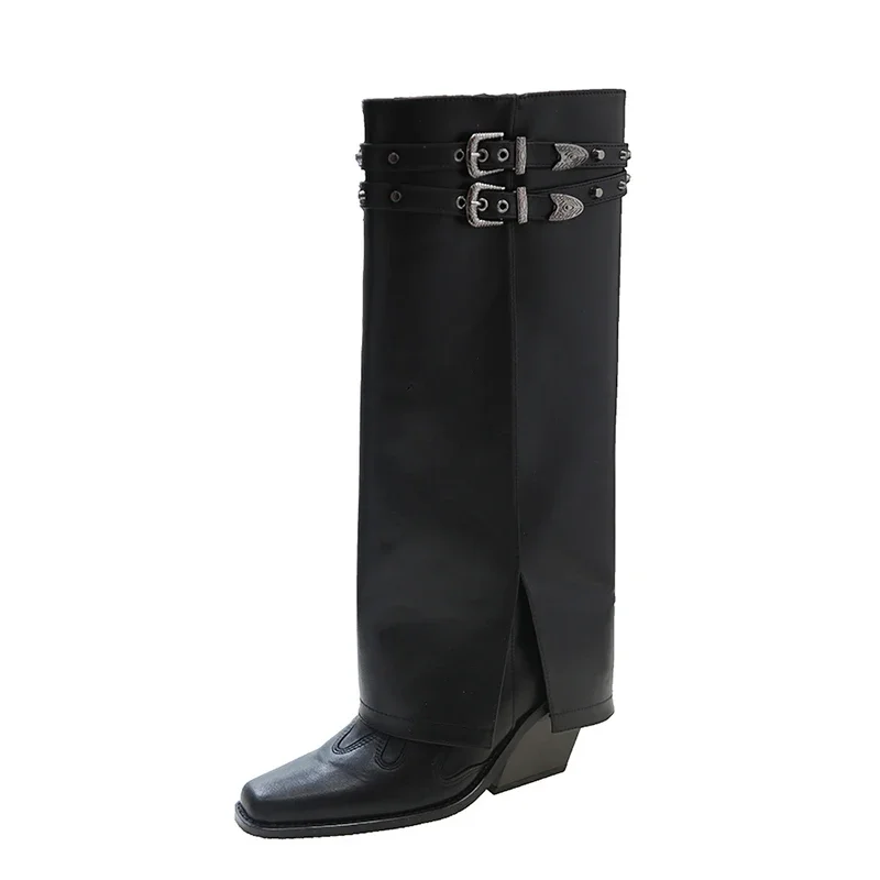 Botas de cano longo para mulheres, salto alto quadrado, tendência de cowboy na moda, calçado feminino, outono e inverno