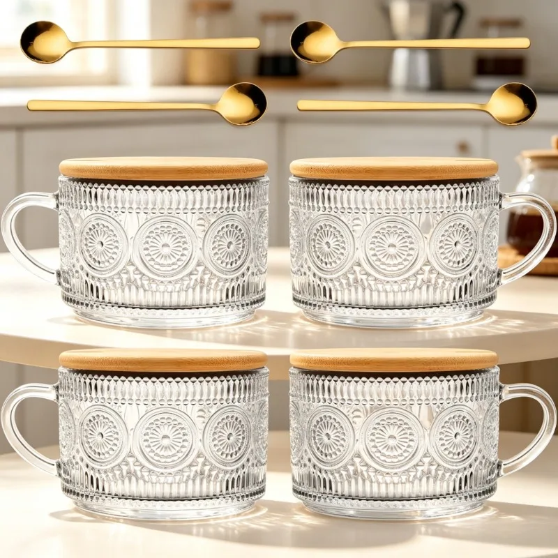 Sunflower Round Glass Big Belly Cup Household Breakfast Milk Oatmeal Lotus Root Starch Water Drinking Glass Mug