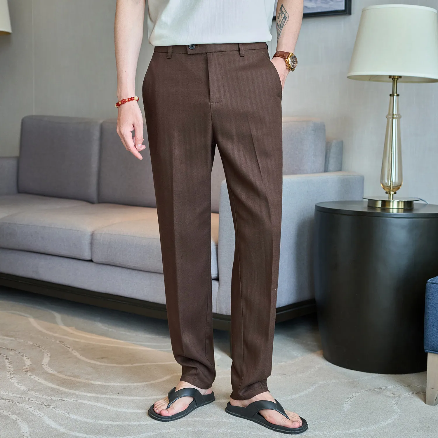 

Spring Summer Straight Suit Pants Men Linen Breathable Full Length Trousers Solid Color Smart Casual Youthful Vitality Suit Pant