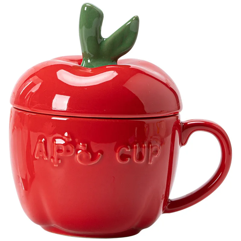 Ceramic Mug Cartoon Apple Fruit Shape Cover Band Tomato Coffee Cup Children\'s Breakfast Milk Mug Festivals Birthday Present